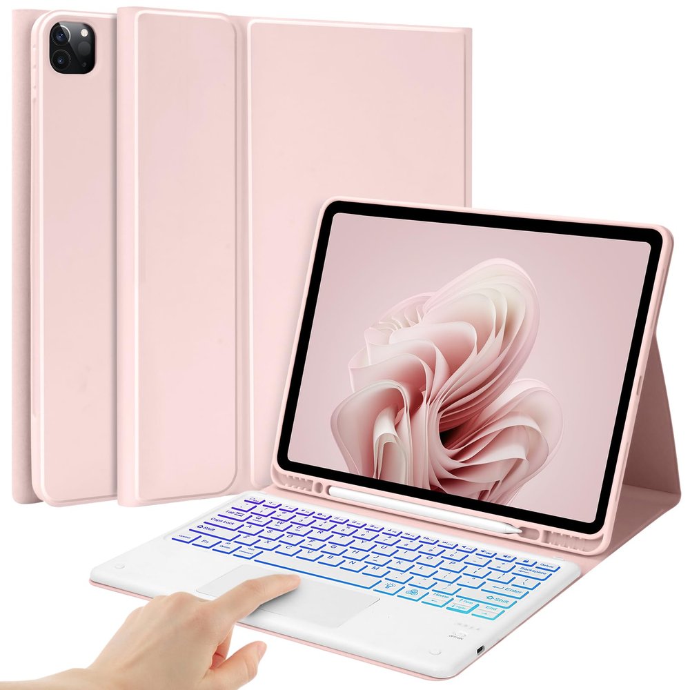 BQSS Touch for iPad Air 13 Inch Case Keyboard (M3/M2 2025/2024), Keyboard Case for iPad Pro 12.9 inch (6th/5th/4th/3rd Gen), Multi-Touch Trackpad, 7 Colors Backlit, Auto Sleep/Wake, Pink