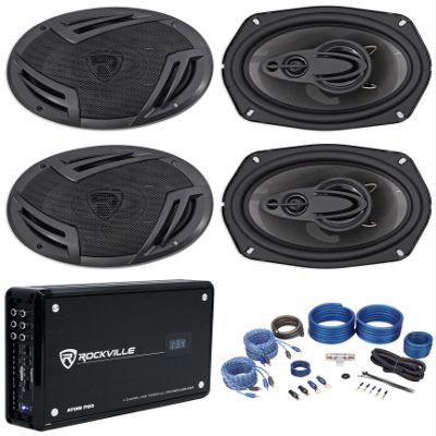 Rockville RV69.4A Bundle: (4) 6x9 4-Way Car Speakers 1000W / 220W RMS CEA Rated, Atom P20 1600-Watt Bluetooth 4-Channel Amplifier with Volt Meter, RWK42 4-Gauge Car Amp Wiring Kit with RCA, 6-Items