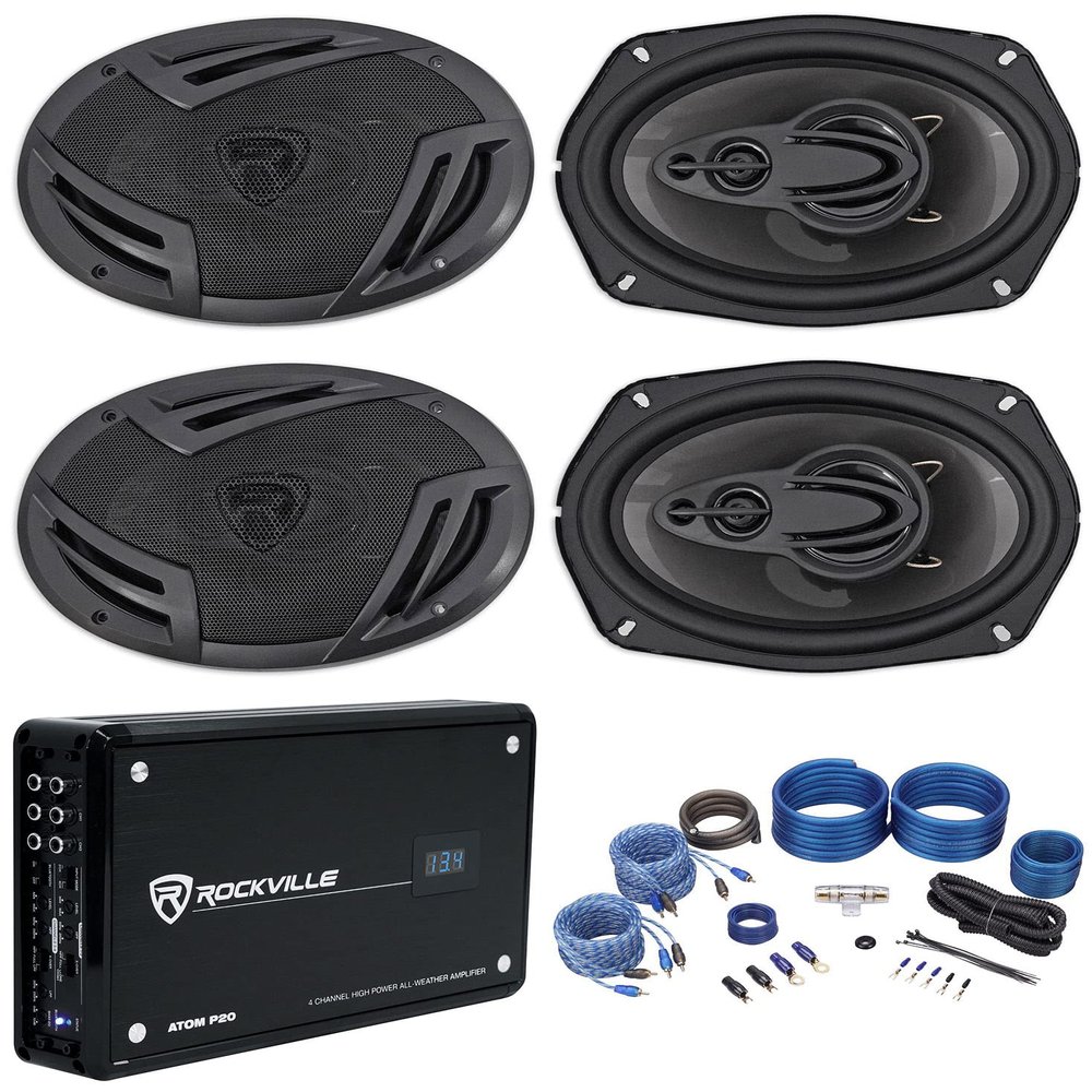 Rockville RV69.4A Bundle: (4) 6x9 4-Way Car Speakers 1000W / 220W RMS CEA Rated, Atom P20 1600-Watt Bluetooth 4-Channel Amplifier with Volt Meter, RWK42 4-Gauge Car Amp Wiring Kit with RCA, 6-Items