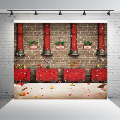 BELECO 7x5ft Fabric Santa Claus Workshop Backdrop Santa's Work Shop Red Train Gifts Rustic Brick Wall Snowflakes Winter Scene Background Winter Wonderland Christmas Party Decorations Photo Props