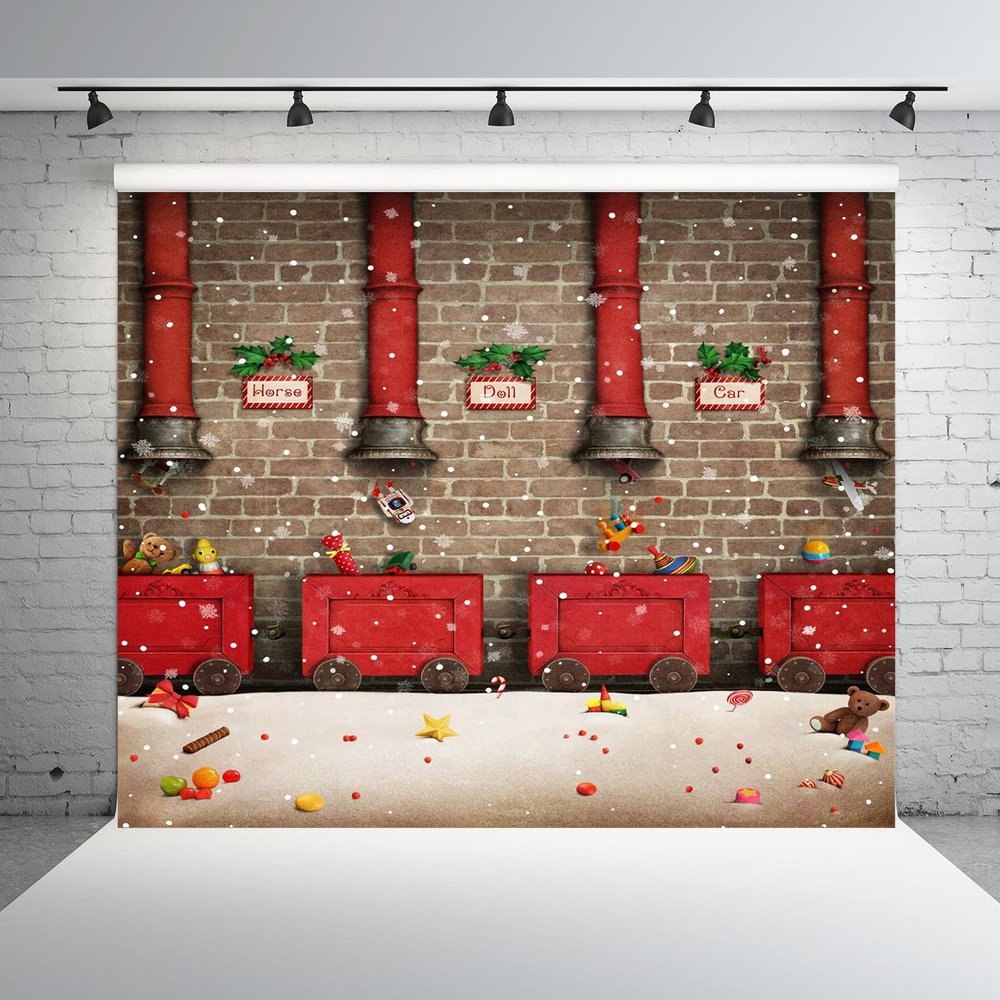BELECO 7x5ft Fabric Santa Claus Workshop Backdrop Santa's Work Shop Red Train Gifts Rustic Brick Wall Snowflakes Winter Scene Background Winter Wonderland Christmas Party Decorations Photo Props