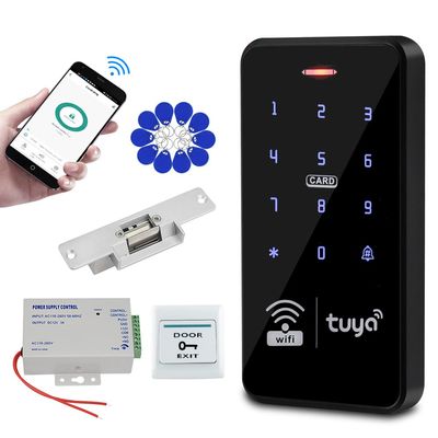 QTTYELOK Wireless WiFi Tuya Access Control System Kit Waterproof IP68 RFID Keypad 125KHz 13.56MHz + Door Electric Strike Lock + DC12V Power Supply, Smart APP Remote Control