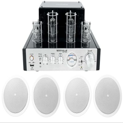 Rockville (4) JBL Control 26C 6.5" 150 Watt in-Ceiling White Home Theater Speakers Bundle with (1) BluTube 70w Tube Amplifier/Home Theater Stereo Receiver (6 Items)
