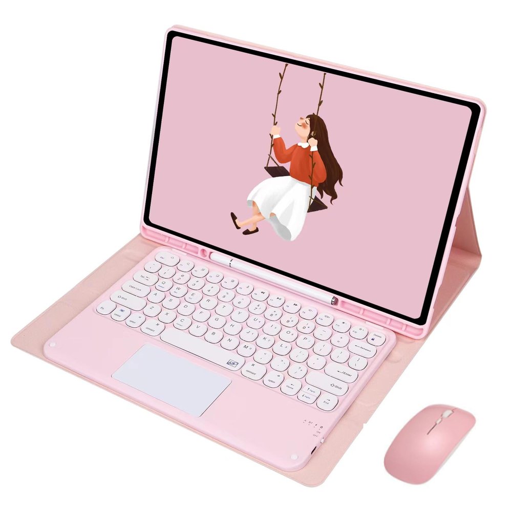 QYiiD Touchpad Keyboard Case with Mouse for Galaxy Tab S9 Ultra 2023 14.6 Inch (Model SM-X910/X916B/X918U), Folio Slim Keyboard Case Cover with Cute Round Key Wireless Keyboard, Pink