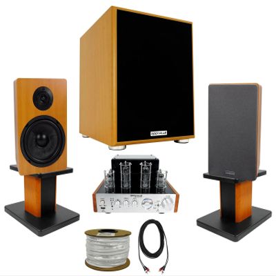 (1) Rockville Blutube WD Amplifier/Home Stereo Receive Bundle with (1) Rock Shaker Subwoofer, (2) ROCKSHELF 64C Bookshelf Speakers (2) RHT8C Stands, (1) RCC14-100-2 Wire, (1) RCDR25B Cable (8 Items)