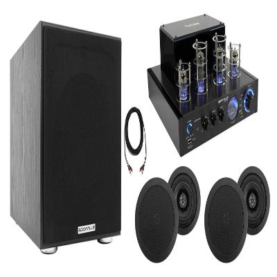 Rockville (1) BluTube Amplifier/Home Theater Receiver Bundle with (1) Rock Shaker 8" Inch Subwoofer, (4) HC55 5.25" Ceiling Speakers (1) RCDR25B 25' Ft. Cables (7 Items)