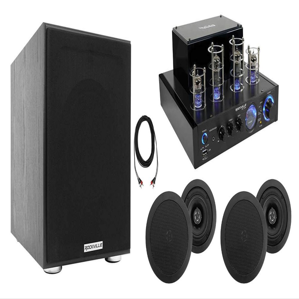 Rockville (1) BluTube Amplifier/Home Theater Receiver Bundle with (1) Rock Shaker 8" Inch Subwoofer, (4) HC55 5.25" Ceiling Speakers (1) RCDR25B 25' Ft. Cables (7 Items)