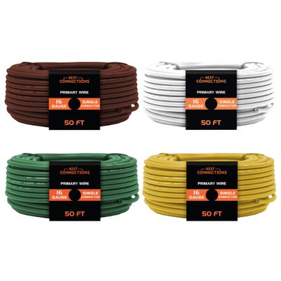 BEST CONNECTIONS 16 Gauge Automotive Primary Wire (Various Color/Size Options) Remote Power/Ground Electrical Wiring for Automotive Speaker Lighting Circuits (50 Feet, 4 Standard Color Rolls)