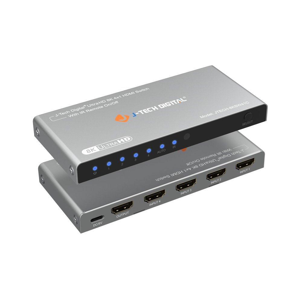 J-Tech Digital HDMI Switch 4K 120hz, 2.1 Switch 4 in 1 Out, 8K 60Hz 1080P 240Hz IR Remote Auto Switch USB C Power Cable, Compatible with HDR & Dolby Vision ALLM VRR QFT [JTECH-8KSW41C]