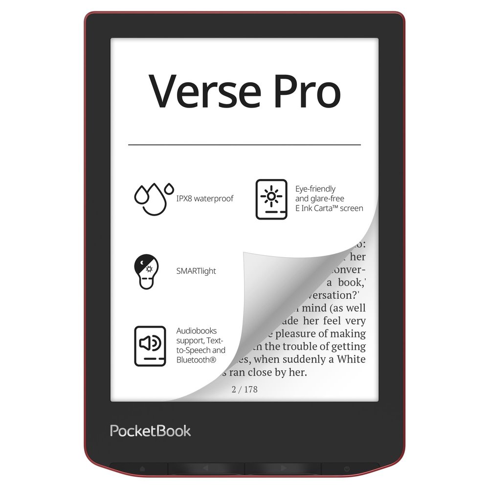 PocketBook Verse Pro E-Reader Waterproof | Eye-Friendly 6'' E-Ink Carta HD Touchscreen | Audio-Book & E-Book Reader | Text-to-Speech Function | SMARTlight | 16GB | WiFi & Bluetooth | Red
