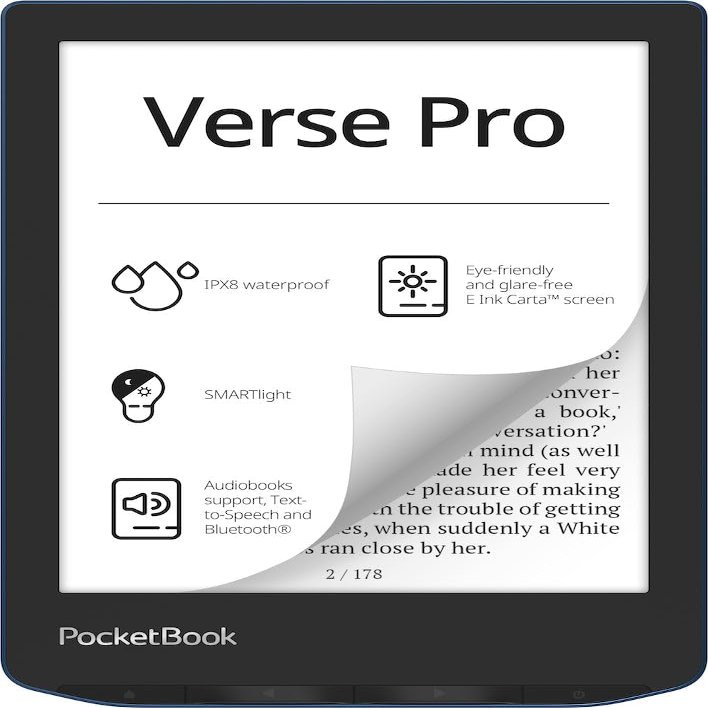 PocketBook Verse Pro E-Reader Waterproof | Eye-Friendly 6'' E-Ink Carta HD Touchscreen | Audio-Book & E-Book Reader | Text-to-Speech Function | SMARTlight | 16GB | WiFi & Bluetooth | Azure