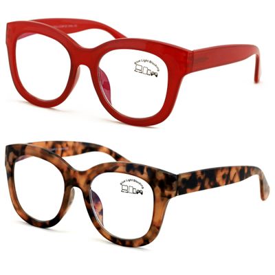 V.W.E. 2 Pairs Women Reading Glasses Blue Light Blocking, UV Ray Glare Computer Readers Bold Round (1 Tortoise 1 Red, 2.50)