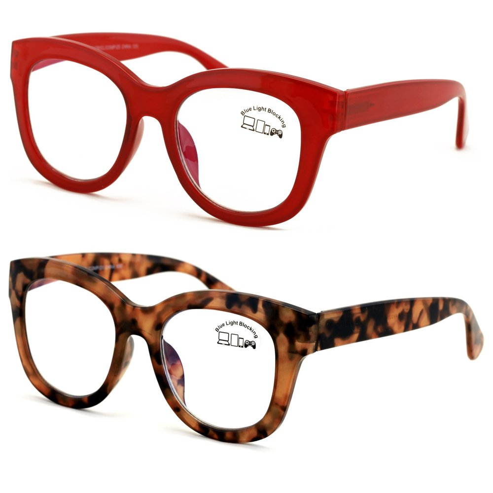 V.W.E. 2 Pairs Women Reading Glasses Blue Light Blocking, UV Ray Glare Computer Readers Bold Round (1 Tortoise 1 Red, 2.50)