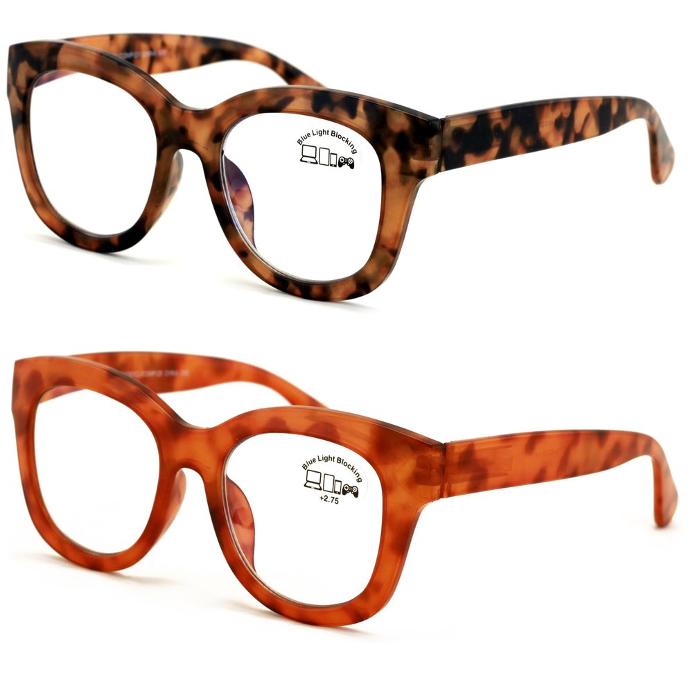 V.W.E. 2 Pairs Women Reading Glasses Blue Light Blocking, UV Ray Glare Computer Readers Bold Round (1 Tortoise 1 Orange, 3.00)