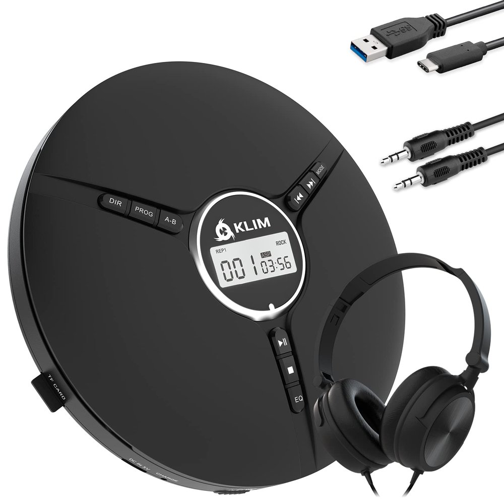 Klim Discman with Headphones - Portable CD Player + Ideal Car CD Player + Compatible CD-R, CD-RW, MP3 - Black (Renewed)