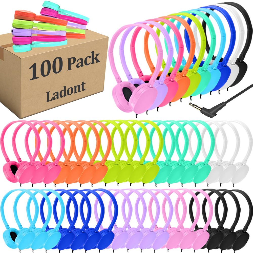 Ladont 100 Pack Classroom Headphones Bulk for Students Schools, Wholesale Wired Headphone for Library Airplane, Multi Color 3.5mm On Ear Headphones for Chromebook Laptop PC Computer