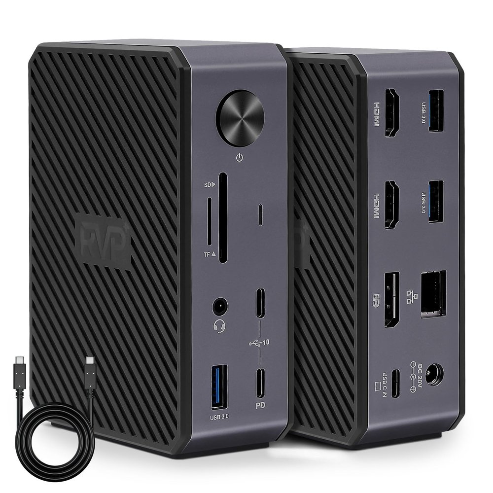 RVP+ USB C Docking Station 3 Monitors, 14-in-1, 10Gbps USB-C, 5Gbps USB 3.0, 85W Laptop-Charging, PD 18W, Triple Display-4K HDMI Dual Monitors & DisplayPort, Gigabit Ethernet, Audio, TF/SD 3.0(RVP-G8)