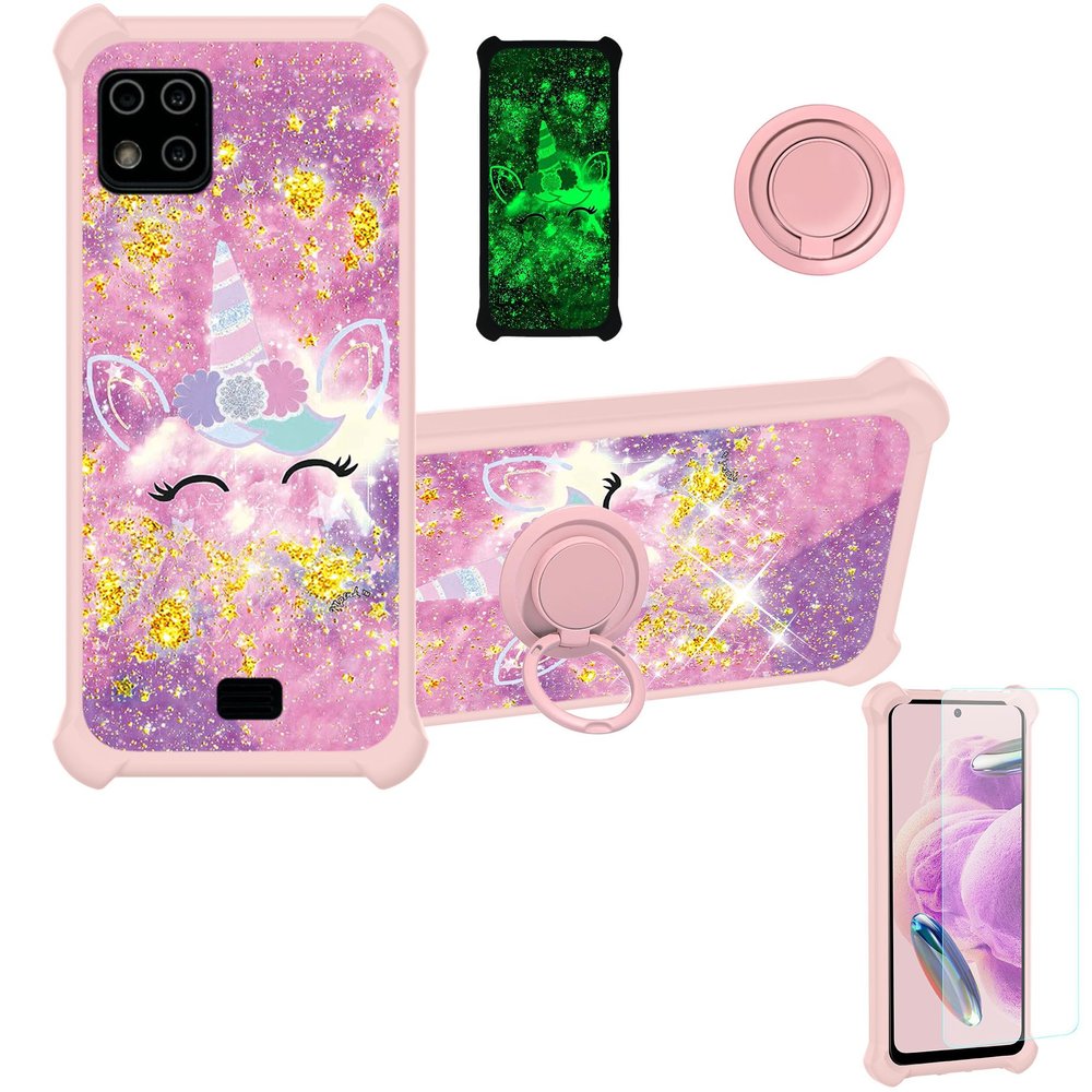 jioeuinly Case for Lush Mint L1582C Case Compatible with Lush Mint L1582C Phone Case Cover [with Tempered Glass Screen Protector][Ring Support][Gold Glitter+Luminous] JSF-DJS