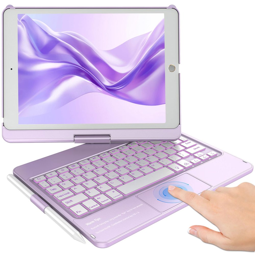 KBCASE Touchpad Keyboard Case for iPad 9th/8th/7th 10.2 inch, Backlit Trackpad Keyboard, 360Rotatable Case with Pencil Holder for iPad 9th/8th/7th Gen (Light Purple)