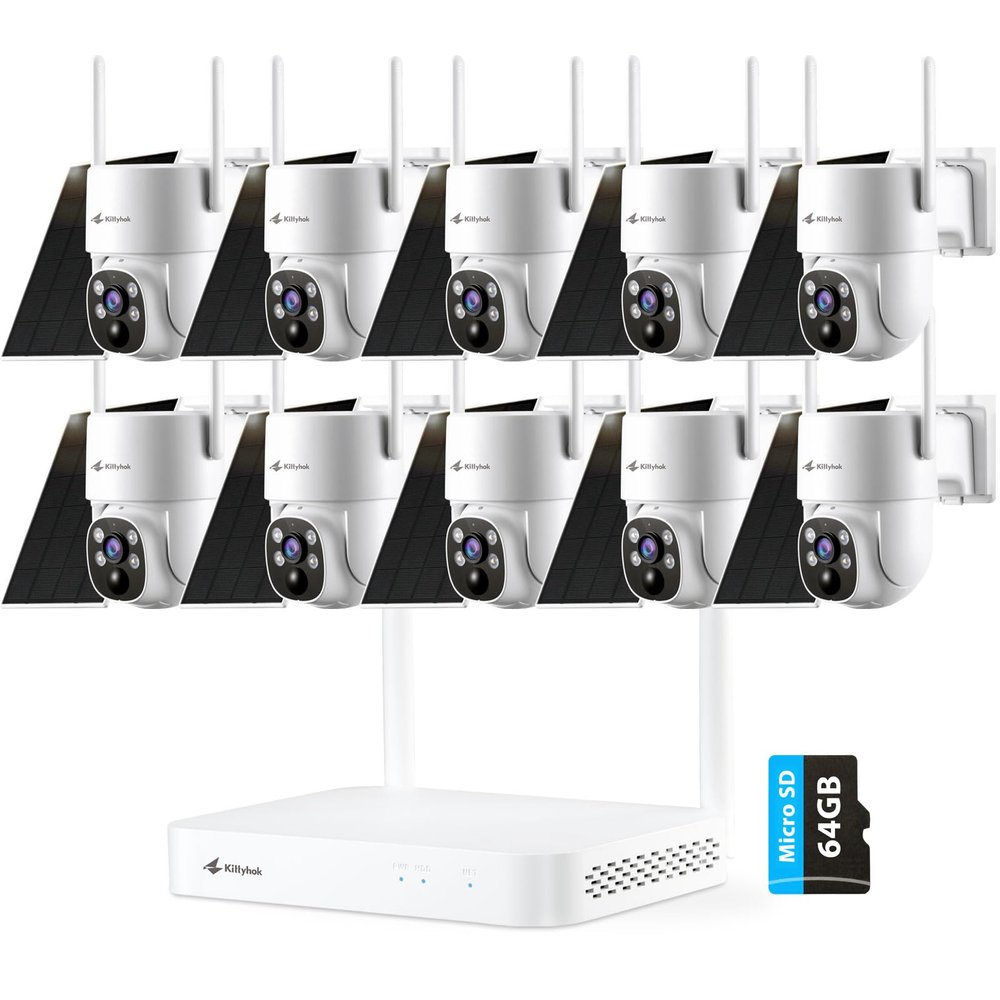 Kittyhok Solar Security Camera System Wireless Outdoor | 10pcs 2K Ultr Pan Tilt Home Solar Security Camera with Human Detection, Spotlight | 10CH Smart NVR, 60 Days Local Storage, 0 Monthly Fee