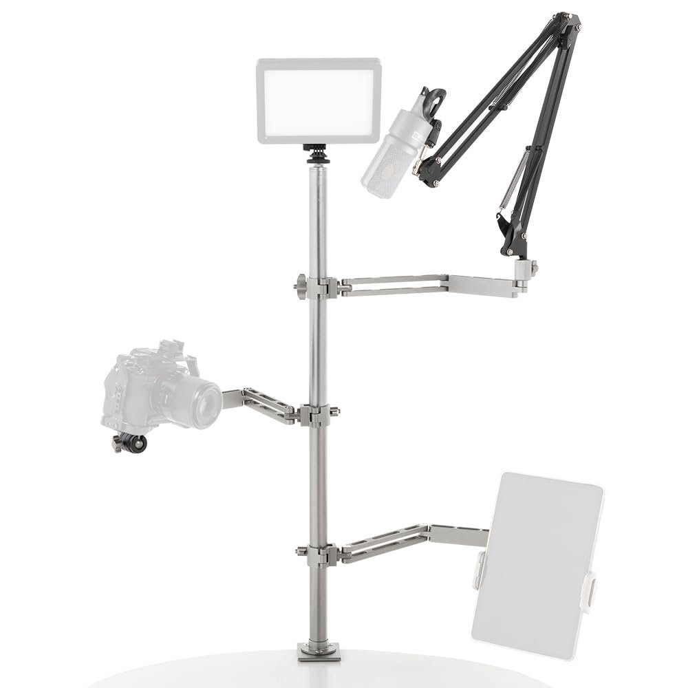 AMBITFUL Live Broadcast Boom Arm, Desktop Camera Mount, Webcam Mount, Microphone Boom, Laptop Stand for Webcam, Camera, Laptop, LED Light, Podcasting