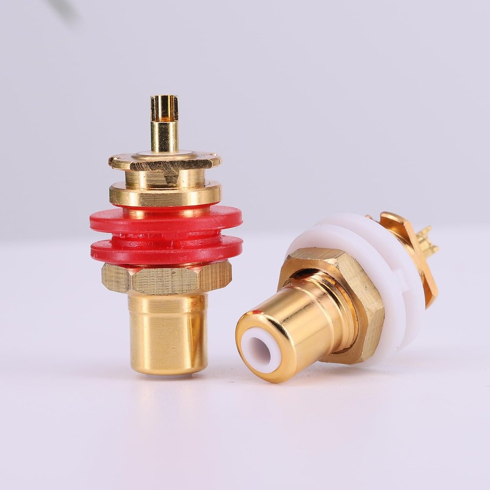 JEMOSA 4PCS(2PCS Red+2PCS White) EIZZ EZ-102 24K Gold Plated Brass Audio Terminal Jack Panel Mount RCA Lotus Head Welding Female Socket Connector