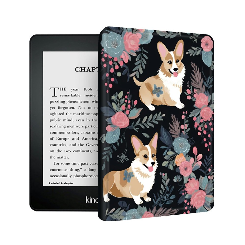 Case for 6.8" Kindle Paperwhite (11th Generation 2021) and Kindle Paperwhite Signature Edition,PU Leather Folio Stand Cover for Kindle Paperwhite 2021 E-Reader,Pink Flower and Corgi