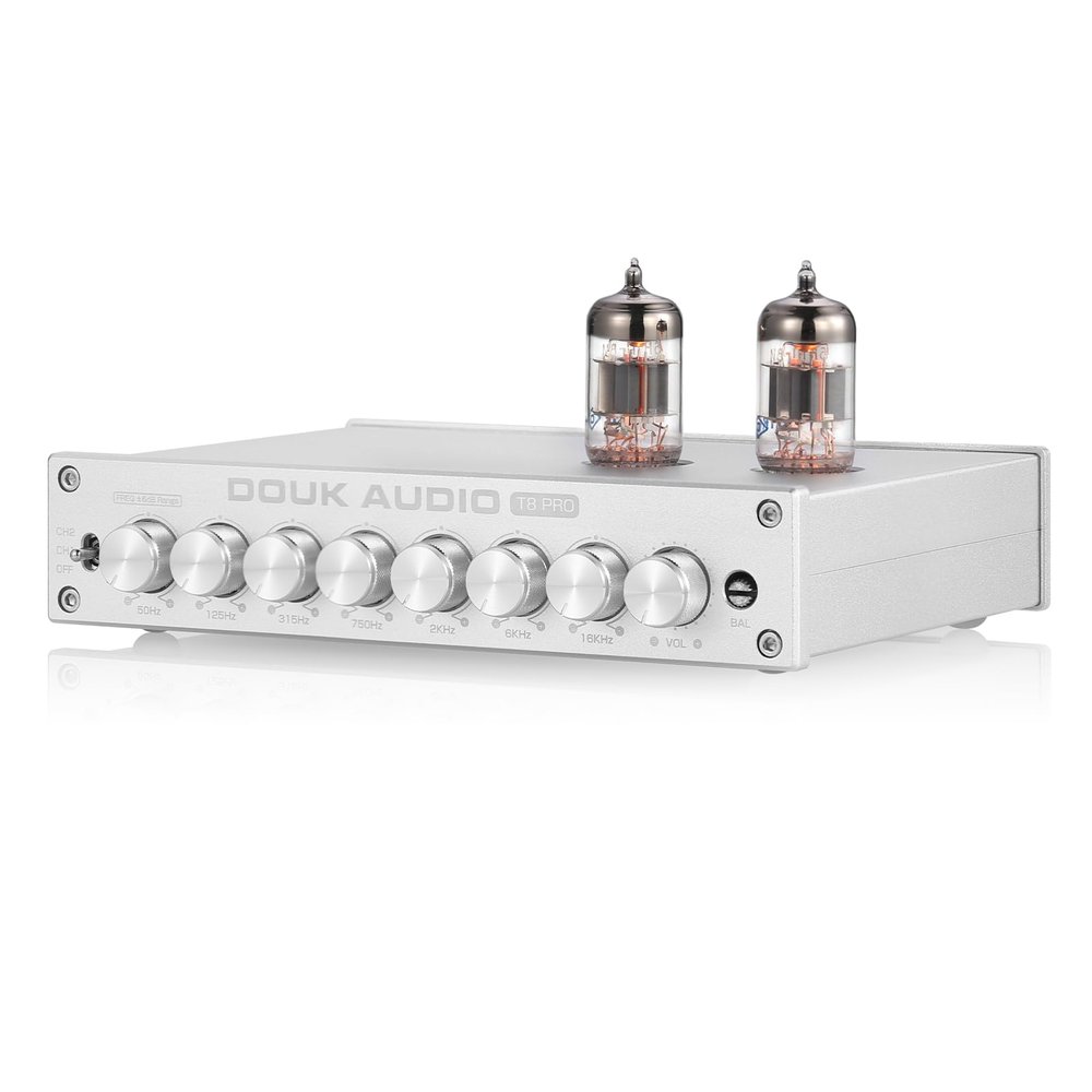 Douk Audio Balanced EQ Preamp: 7-Band Equalizer - Vacuum Tube Preamplifier with XLR RCA Inputs & Outputs - for Home Stereo HiFi System, Amplifiers, Active Speakers (T8 PRO Silver)
