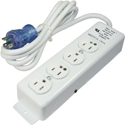 Hospital Grade 4 Outlet Power Strip. 15 Ampere-125 Volt (1,875 watts), Nema 5-15 Green Dot Receptacles, 60Hz Circuit Breaker, 6 ft Power Cord. White. Meets UL1363A.