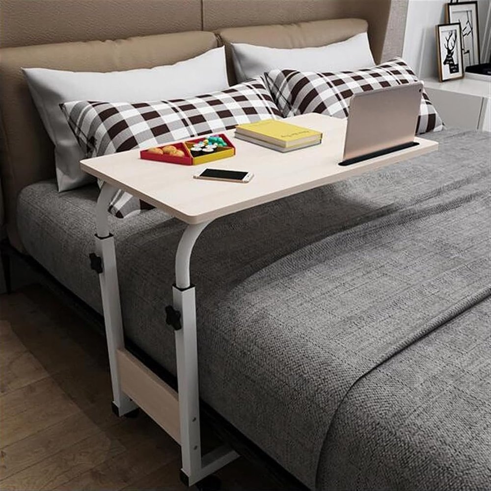 ANUUMA Adjustable Height Bedside Laptop Table, Mobile Overbed Japanese Style Side Table with Wheels for Reading, Eating Breakfast, Lazy (Color : Natural)