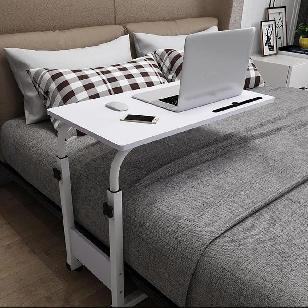 ANUUMA Adjustable Height Bedside Laptop Table, Mobile Overbed Japanese Style Side Table with Wheels for Reading, Eating Breakfast, Lazy (Color : White)