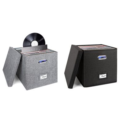 Woodoulogy 2Pack Vinyl Record Storage Box for 50+ Single LPs, Stackable Albums Crate with Lid, Player Music Collection Holder, Document Folder Cabinet Organizer Case with Handle-Grey and Black