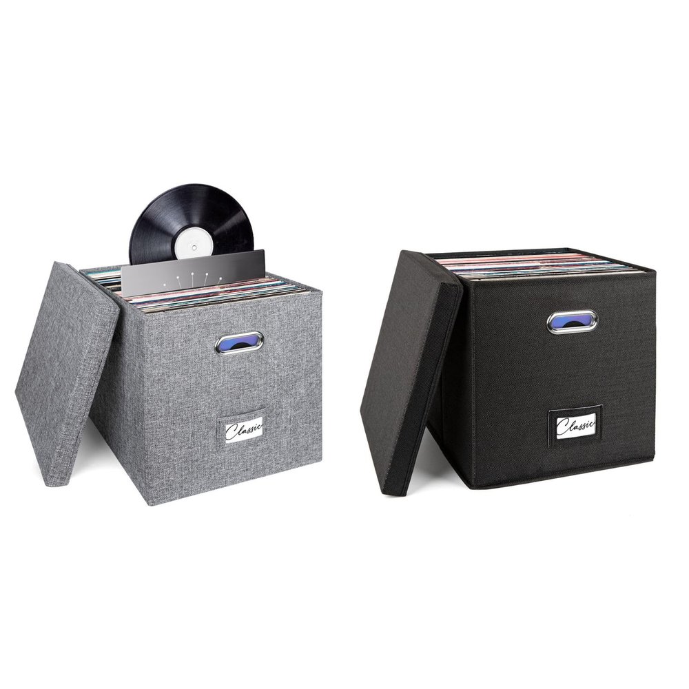 Woodoulogy 2Pack Vinyl Record Storage Box for 50+ Single LPs, Stackable Albums Crate with Lid, Player Music Collection Holder, Document Folder Cabinet Organizer Case with Handle-Grey and Black