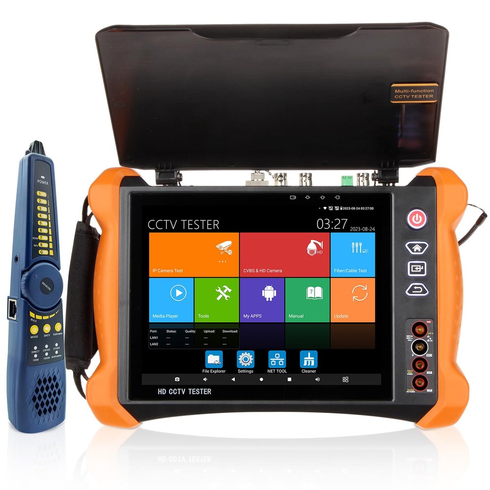 Rsrteng CCTV Tester 8K 32MP 12MP IP Camera Test with POE++ Max 90W Power Output POE Camera Tester 4K 8MP TVI/CVI/AHD/SDI/CVBS All Features DMM OPM Cable Tester TDR Network Tools HD I/O WiFi