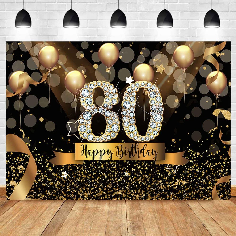 Sensfun Happy 80th Birthday Backdrop for Men Women Glitter Black and Gold Balloons Photography Background for 80th Birthday Party Decorations Shining Diamond 80 Years Old Photo Booth Banner 10x8ft