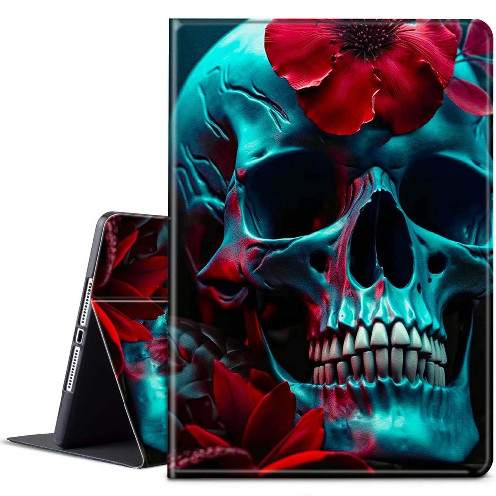 BPQOJB for Microsoft Surface Pro X Case with Adjustable Stand & Auto Wake/Sleep PU Leather Slim Smart Protect Cover Tablet Case for Microsoft Surface Pro X 13 inch 2020 - Red Flower Skull