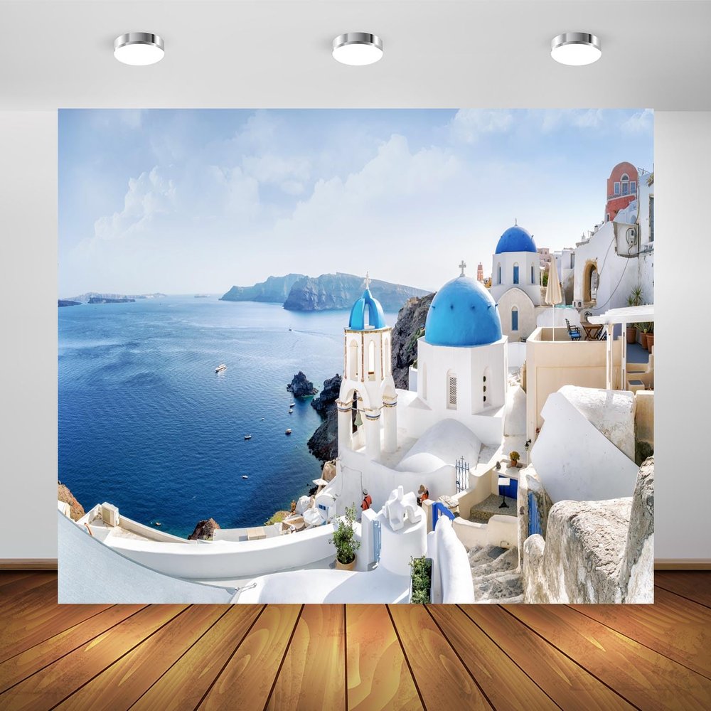 BELECO 5x3ft Fabric Greece Backdrop Greek Santorini Island Oia Village Houses Greece Scenery Aegean Sea Background Greece Themed Party Banner Greek Party Decorations Bridal Shower Photo Props