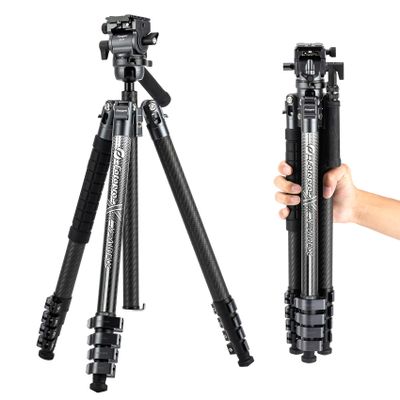 Fotopro Carbon Fiber Tripod 65 Inch Travel Tripod for Camera with Fluid Head Ball Head Extendable Handle 2.95lb Lightweight Camera Tripods for DSLR Video Shooting Photography X-Airfly Video Grey