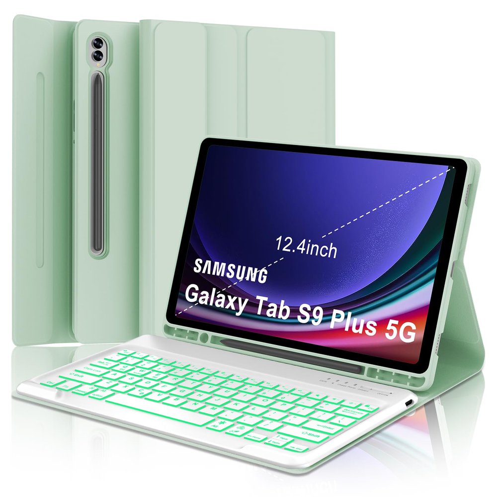 Keyboard Case for Samsung Galaxy Tab S10 Plus, Galaxy S9+ Plus Keyboard 12.4 inch, Magic Keyboard for Samsung S9 FE + Case, 7 Colors Backlit, Magnetic Detachable, Auto Sleep/Wake Up Smart Case (Green)