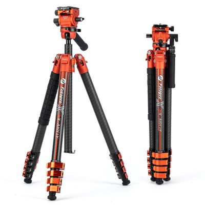 Fotopro X-Airfly Video 64.5 Inch Lightweight Travel Camera Tripod with Fluid Head Panoramic Ball Head 2.95lb Expandable Portable Compact Carbon Fiber Tripod for Camera DSLR Load up to 33lb Orange