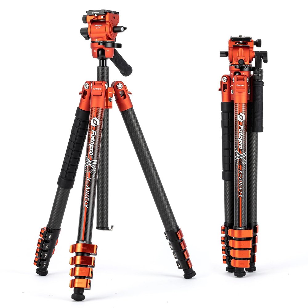 Fotopro X-Airfly Video 64.5 Inch Lightweight Travel Camera Tripod with Fluid Head Panoramic Ball Head 2.95lb Expandable Portable Compact Carbon Fiber Tripod for Camera DSLR Load up to 33lb Orange