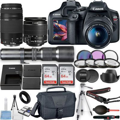 Canon EOS Rebel T7 / EOS 2000D DSLR Camera with EF-S 18-55mm f/3.5-5.6 is II Lens + Canon EF 75-300mm f/4-5.6 III Lens + 500mm f/8 Preset Lens + 2pc 64GB Memory Cards + Filters + Case & More (Renewed)