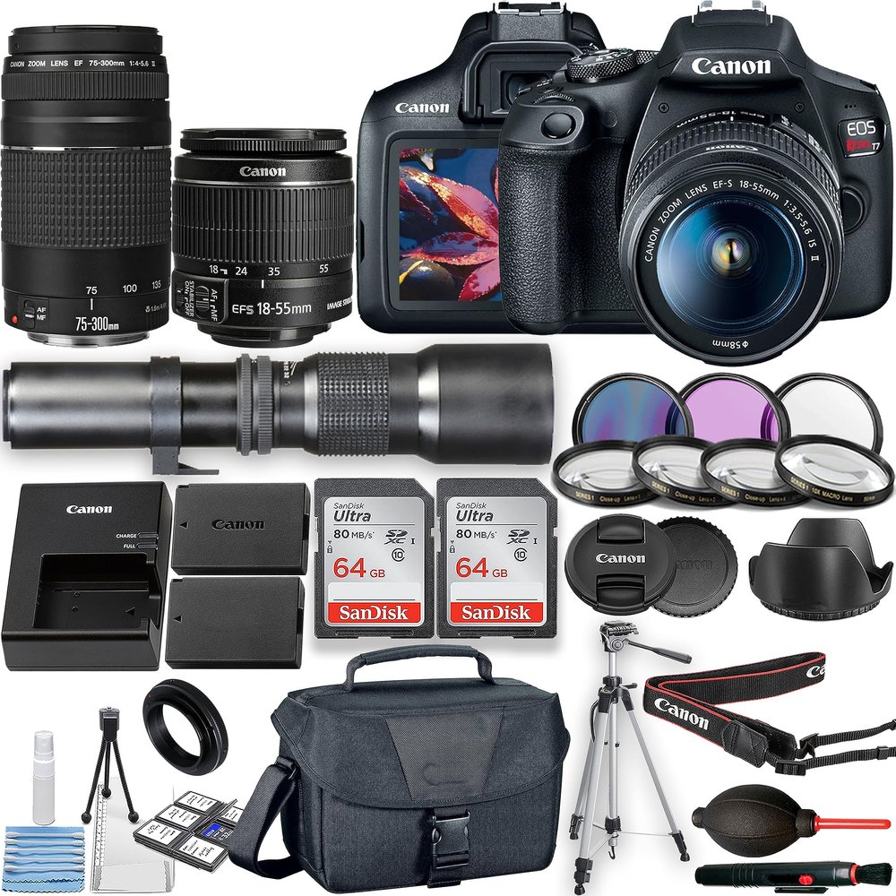 Canon EOS Rebel T7 / EOS 2000D DSLR Camera with EF-S 18-55mm f/3.5-5.6 is II Lens + Canon EF 75-300mm f/4-5.6 III Lens + 500mm f/8 Preset Lens + 2pc 64GB Memory Cards + Filters + Case & More (Renewed)