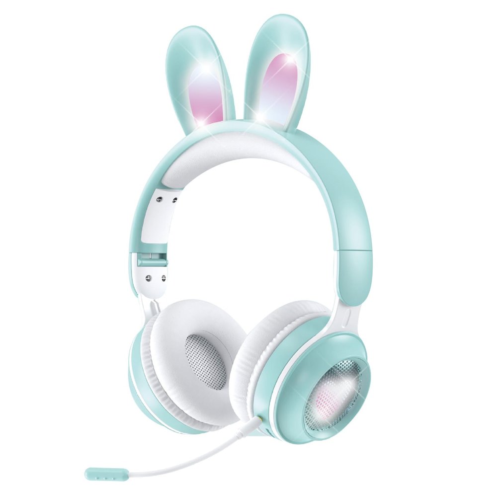 Kids Wireless Bluetooth Cat Ear Headphones with Microphone, Green Light Up Kawaii Noise Cancelling Headphones for School & Travel