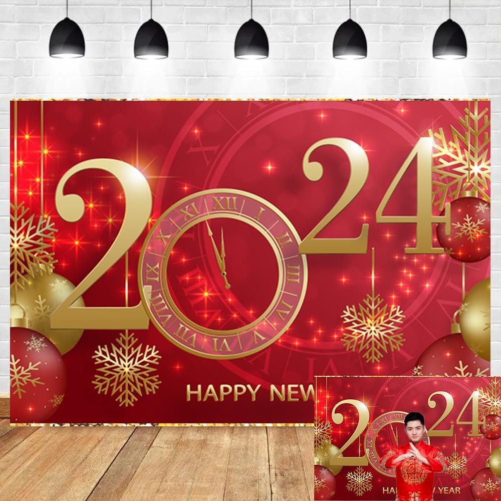 OERJU Happy New Year 2024 Backdrop Red and Gold New Year Backdrop for Photography Countdown New Year Background Happy New Year Decorations 2024 New Years Eve Party Supplies Banner 12x8ft