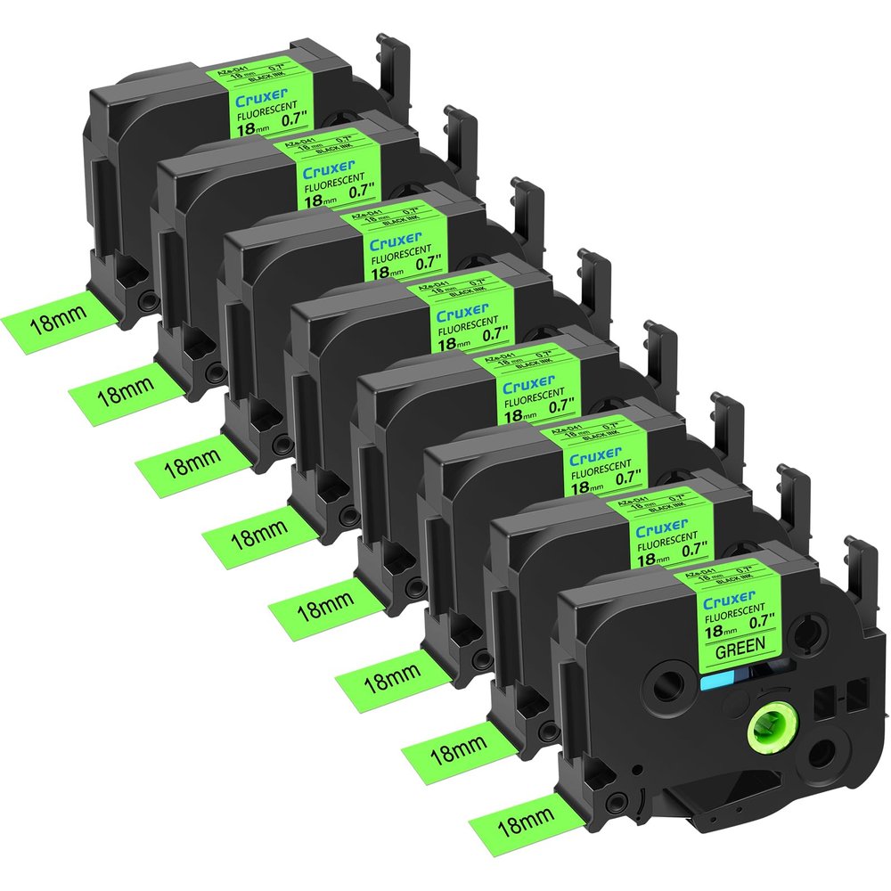 8 Pack Cruxer Replacement for P-Touch TZe-D41 TZ-D41 TZeD41 TZD41 0.7" 18mm Black Text Green Fluorescent Laminated Compatible with ptouch PTD600 PT-P710BT PTD400 PT2200 PT550 PT2730VP Label Marker