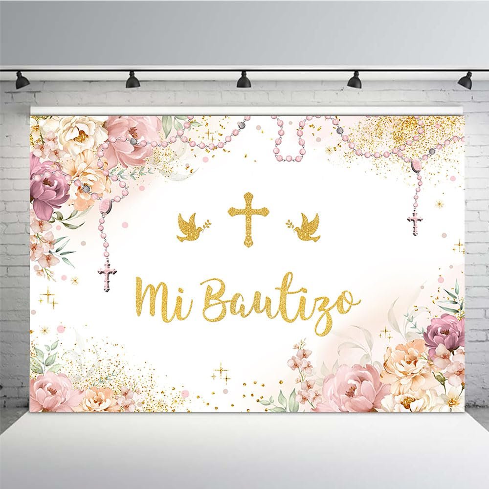 MEHOFOND 7x5ft Boho Mi Bautizo Backdrop God Bless Baptism for Girl First Holy Communion Party Decorations Pink Floral Peace Dove Gold Cross Glitter Background Newborn Baby Shower Photo Booth Props