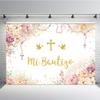 MEHOFOND 7x5ft Boho Mi Bautizo Backdrop God Bless Baptism for Girl First Holy Communion Party Decorations Pink Floral Peace Dove Gold Cross Glitter Background Newborn Baby Shower Photo Booth Props view 1