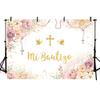 MEHOFOND 7x5ft Boho Mi Bautizo Backdrop God Bless Baptism for Girl First Holy Communion Party Decorations Pink Floral Peace Dove Gold Cross Glitter Background Newborn Baby Shower Photo Booth Props view 2
