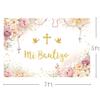 MEHOFOND 7x5ft Boho Mi Bautizo Backdrop God Bless Baptism for Girl First Holy Communion Party Decorations Pink Floral Peace Dove Gold Cross Glitter Background Newborn Baby Shower Photo Booth Props view 3